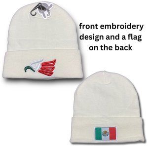 Mexico Winter Insulated Beanie Hat Embroidery and Flag Design White